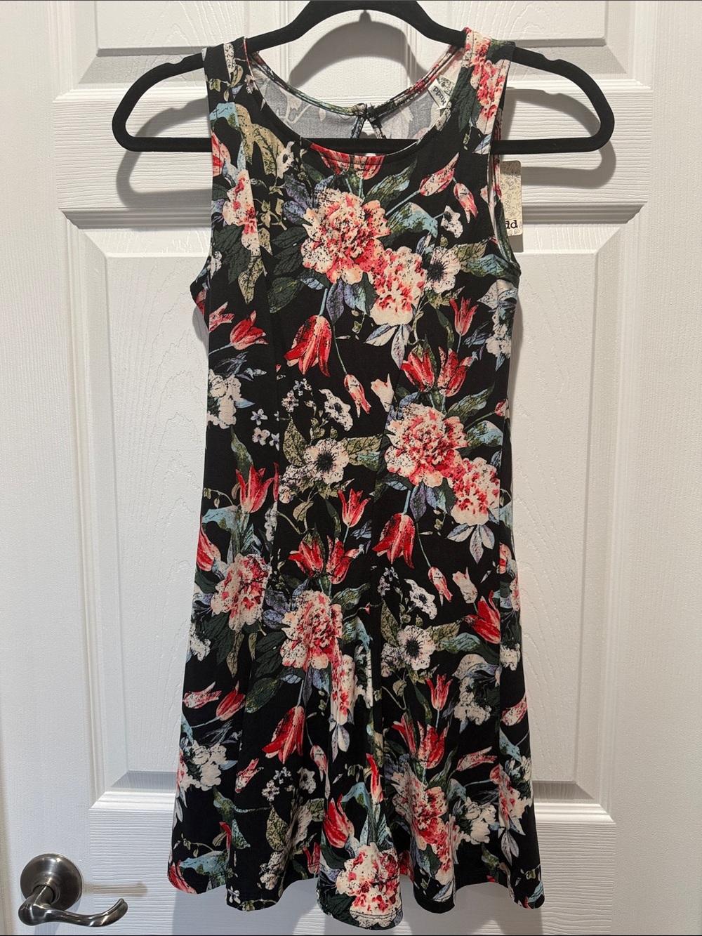Mudd Black Floral Sleeveless Mini Dress with Red and Cream Blooms